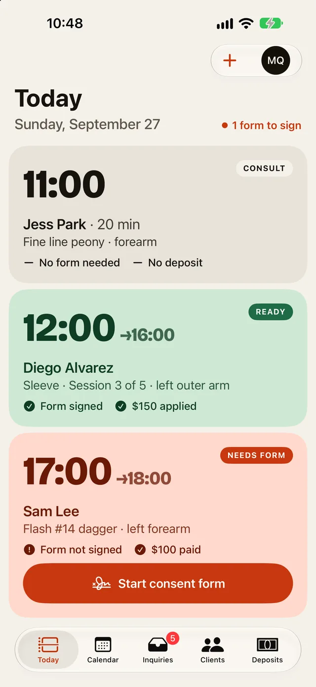 Inkroom Today screen: 11:00 consult, 12:00 session ready, 17:00 flash needs a form
